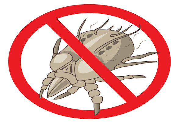 Cartoon of dust mite with red "NO" icon