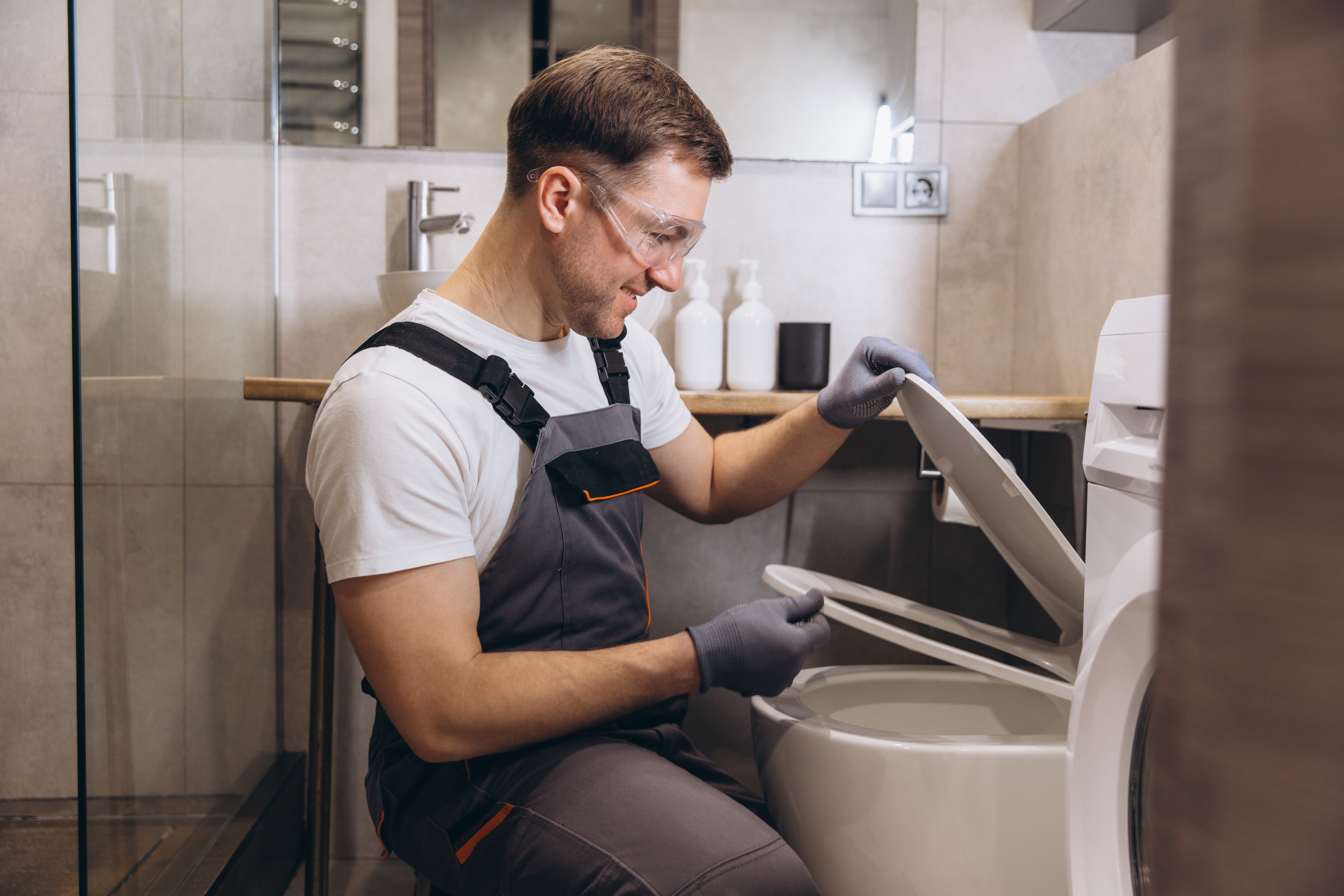 plumber using tools in guide to clogged toilet repair to fix blockage